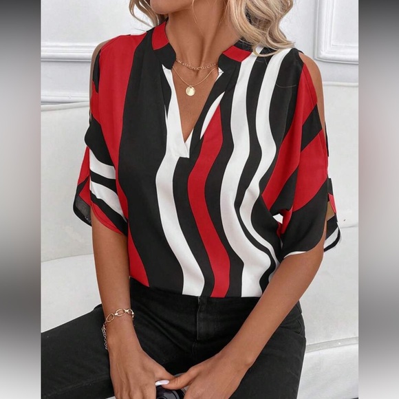 Chic Red and Black Striped Women's Top - Picture 1 of 7